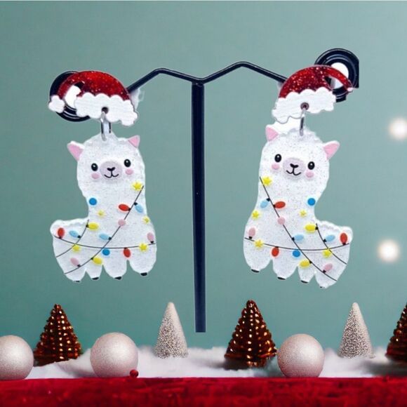 Holiday Earrings 🎄Alpaca Llama 🦙 Christmas Glitter Acrylic Dangle Drop Jewelry - Picture 1 of 7